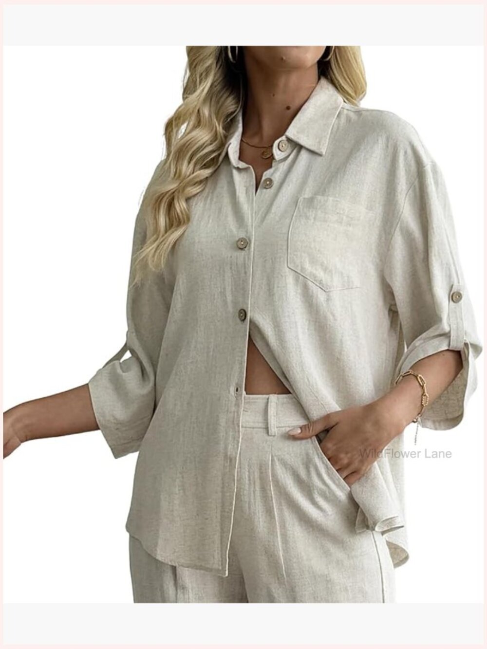 Women's Linen Button Down Shirt 3/4 Sleeve Casual Blouse Tunic Top